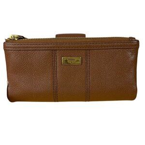 Fossil‎ Ella Clutch Brown Leather Wallet zipper fold card orgainizer